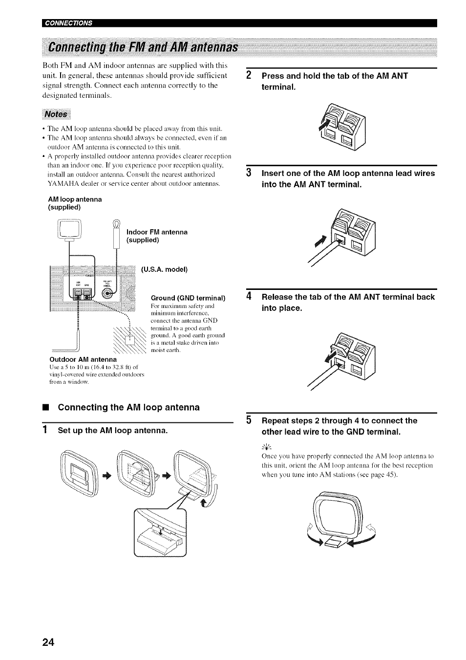 Press and hold the tab of the am ant terminal, Connecting the fm and am antennas | Yamaha HTR-5950 User Manual | Page 28 / 116