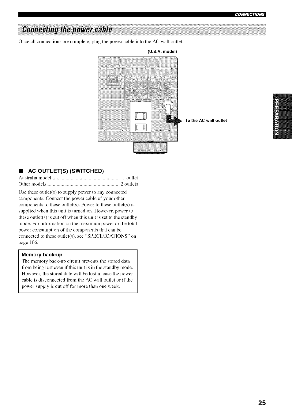 Memory back-up, Connecting the power cable | Yamaha HTR-5950 User Manual | Page 29 / 116