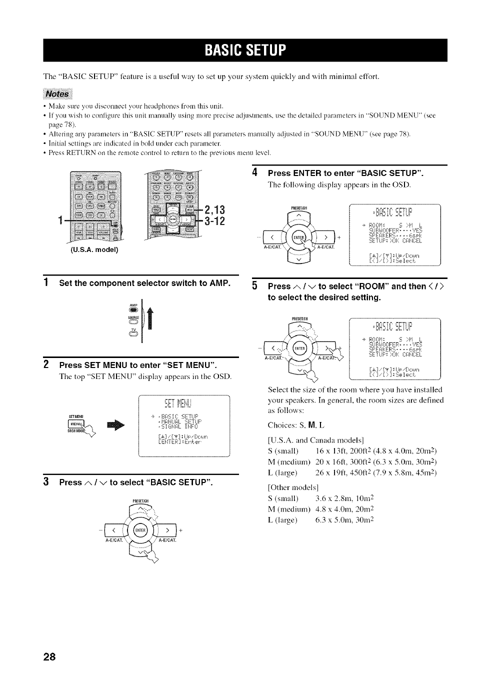 Basic setup, 4 press enter to enter “basic setup, 1 set the component selector switch to amp | 2 press set menu to enter “set menu, 3 press /\ / sy to select “basic setup | Yamaha HTR-5950 User Manual | Page 32 / 116