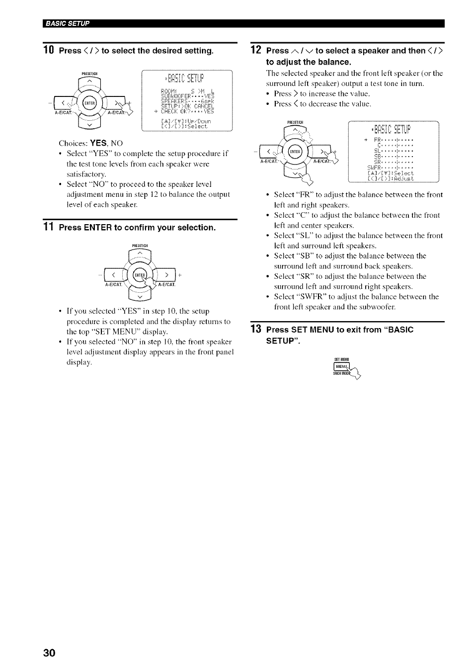 10 press < / > to select the desired setting, 11 press enter to confirm your selection, 13 press set menu to exit from “basic setup | Bphl ii espk, E^]/ef];up/down | Yamaha HTR-5950 User Manual | Page 34 / 116