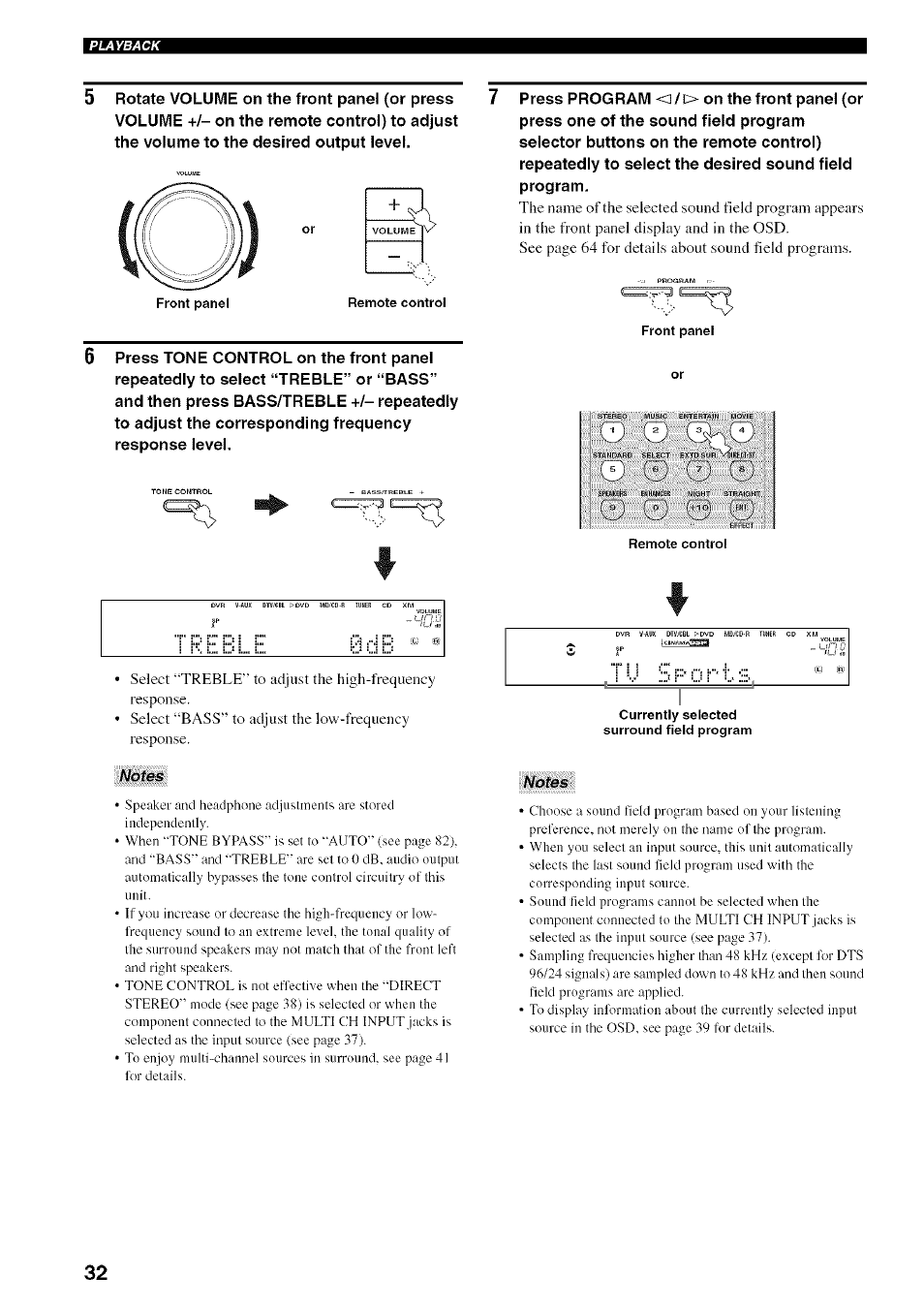 Front panel remote control, Front panel, Remote control | Currently selected surround field program | Yamaha HTR-5950 User Manual | Page 36 / 116