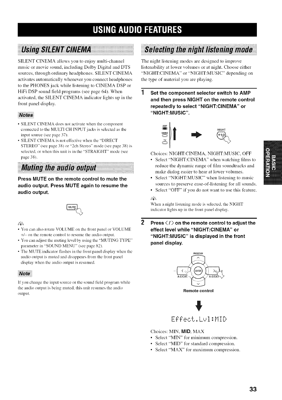 Using audio features, Using silent cinem, Muting the audio output | Selecting the night listening mode | Yamaha HTR-5950 User Manual | Page 37 / 116