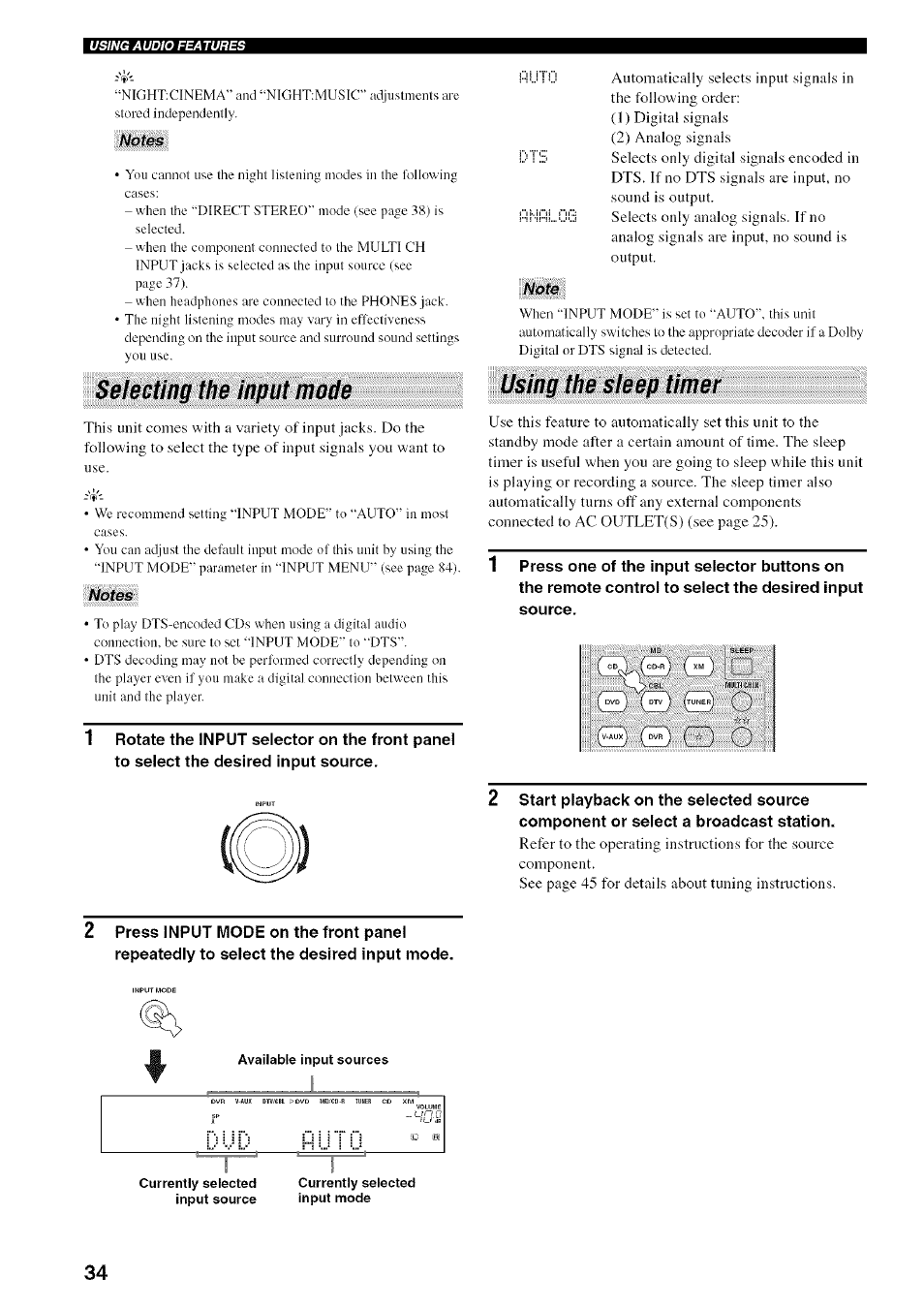 Selecting the input mode, Using the sleep tinier, Fihhl g | F l.vr, '■ ; t in | Yamaha HTR-5950 User Manual | Page 38 / 116