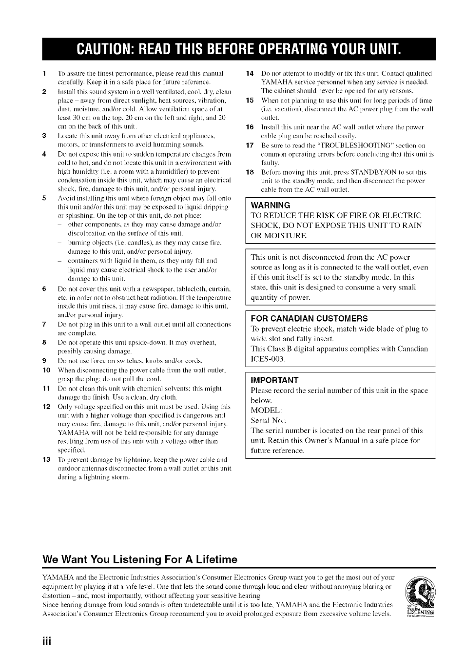 Caution: read this before operating your unit, Warning, For canadian custowiers | Important, We want you listening for a lifetime | Yamaha HTR-5950 User Manual | Page 4 / 116