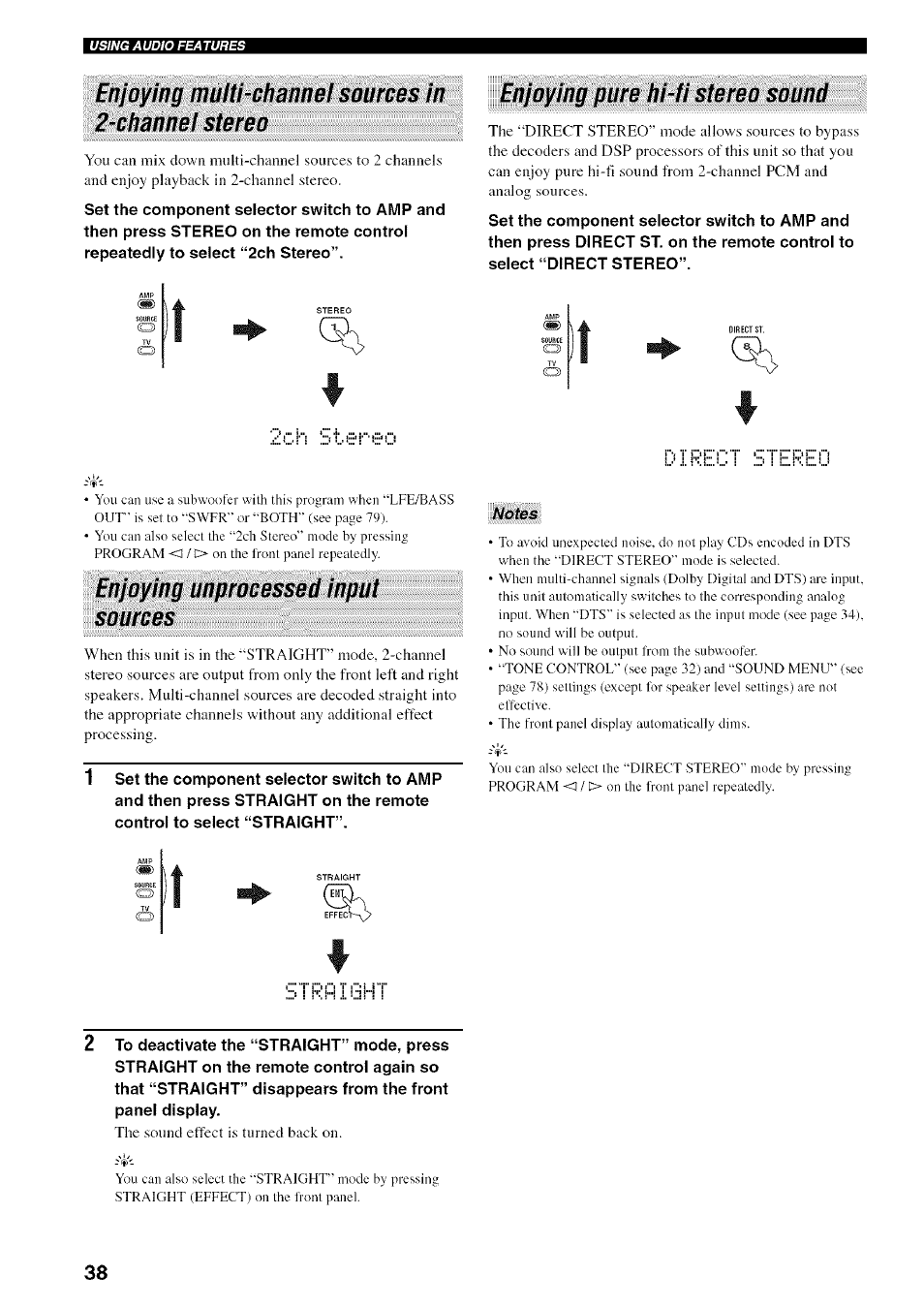 Enjoying multi-channel sources in 2-channei stereo, Enjoying pure hi-fi stereo sound, Enjoying unprocessed input sources | Yamaha HTR-5950 User Manual | Page 42 / 116