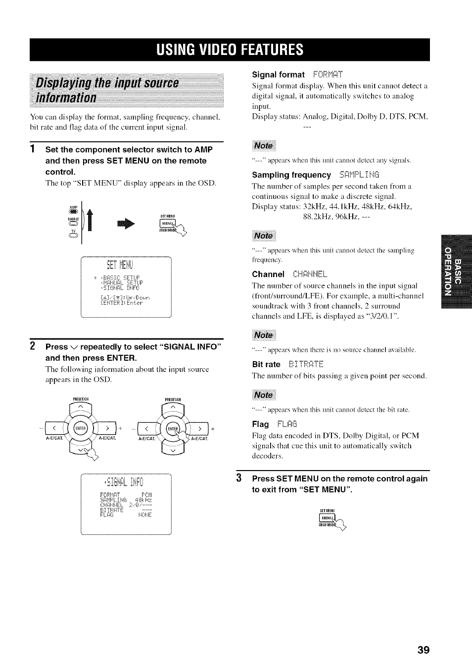 Using video features, Signal format l-uf<mflt, Sampling frequency sl lilflihi | Channel (iihijr-ihllel, Bit rate l:::!l3"|2m"re, Displaying the input source information, Cf o | Yamaha HTR-5950 User Manual | Page 43 / 116