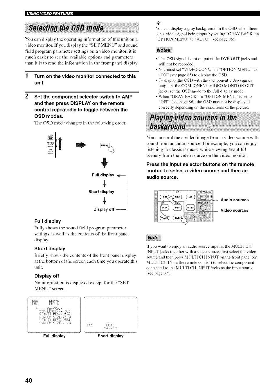 1 turn on the video monitor connected to this unit, Full display, Selecting the osd mode | Playing video sources in the background | Yamaha HTR-5950 User Manual | Page 44 / 116