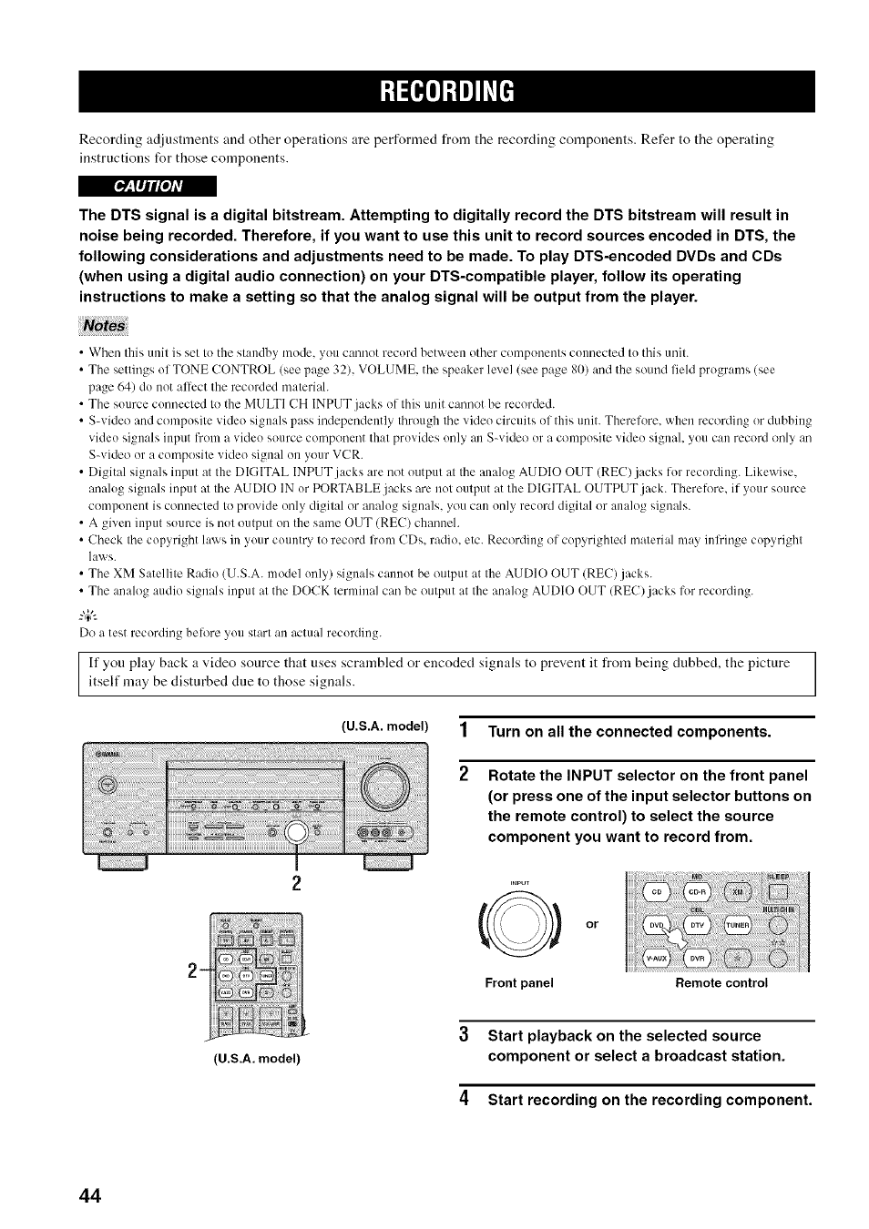 Recording, U.s.a. model) -| g|j connected components, 4 start recording on the recording component | Yamaha HTR-5950 User Manual | Page 48 / 116