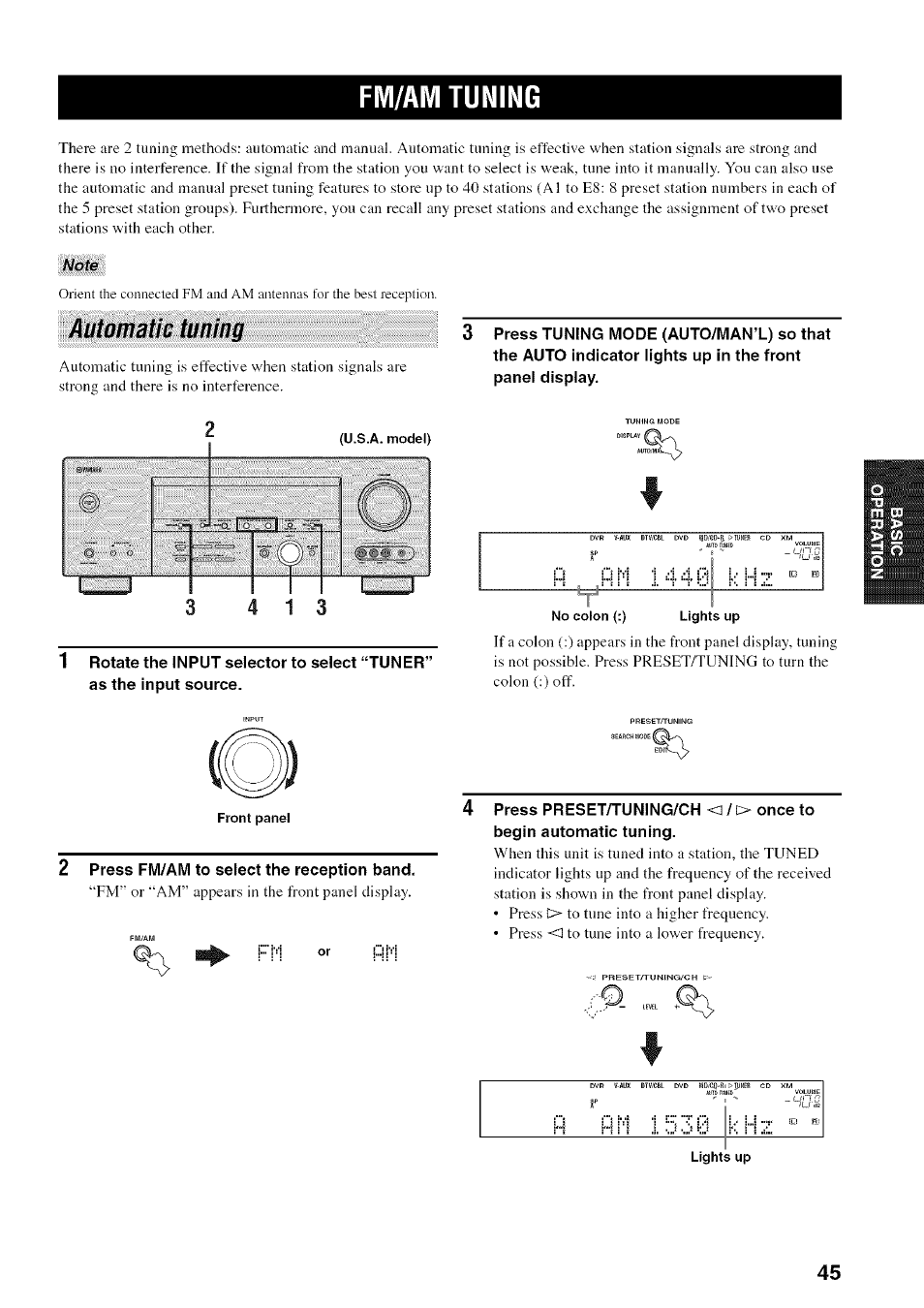 Fm/am tuning, Automatic tuning, No colon (:) lights up | Front panel, Lights up | Yamaha HTR-5950 User Manual | Page 49 / 116