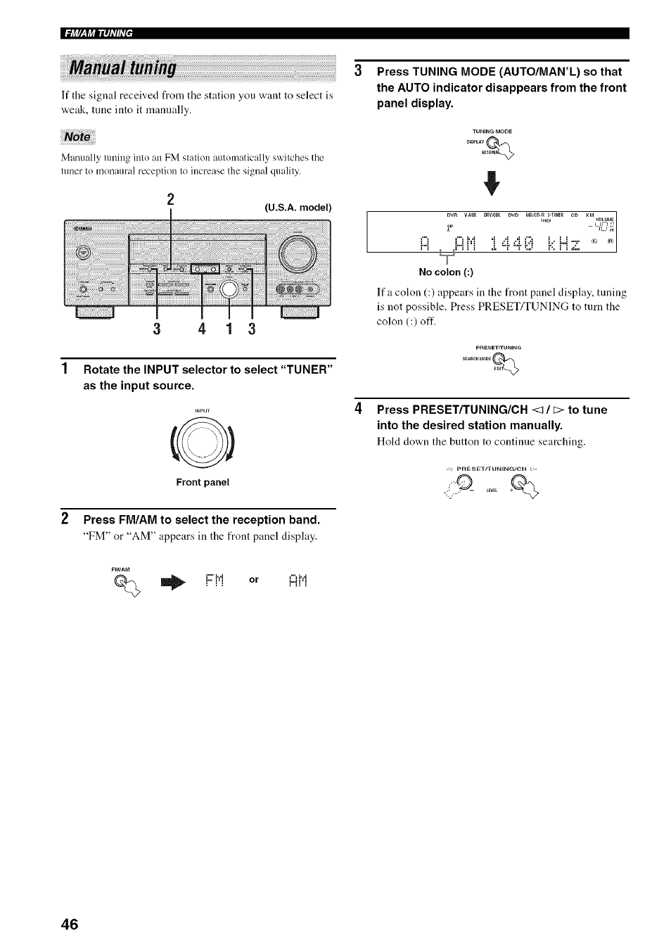 2 press fm/am to select the reception band, Manual tuning, Front panel | No colon (:) | Yamaha HTR-5950 User Manual | Page 50 / 116