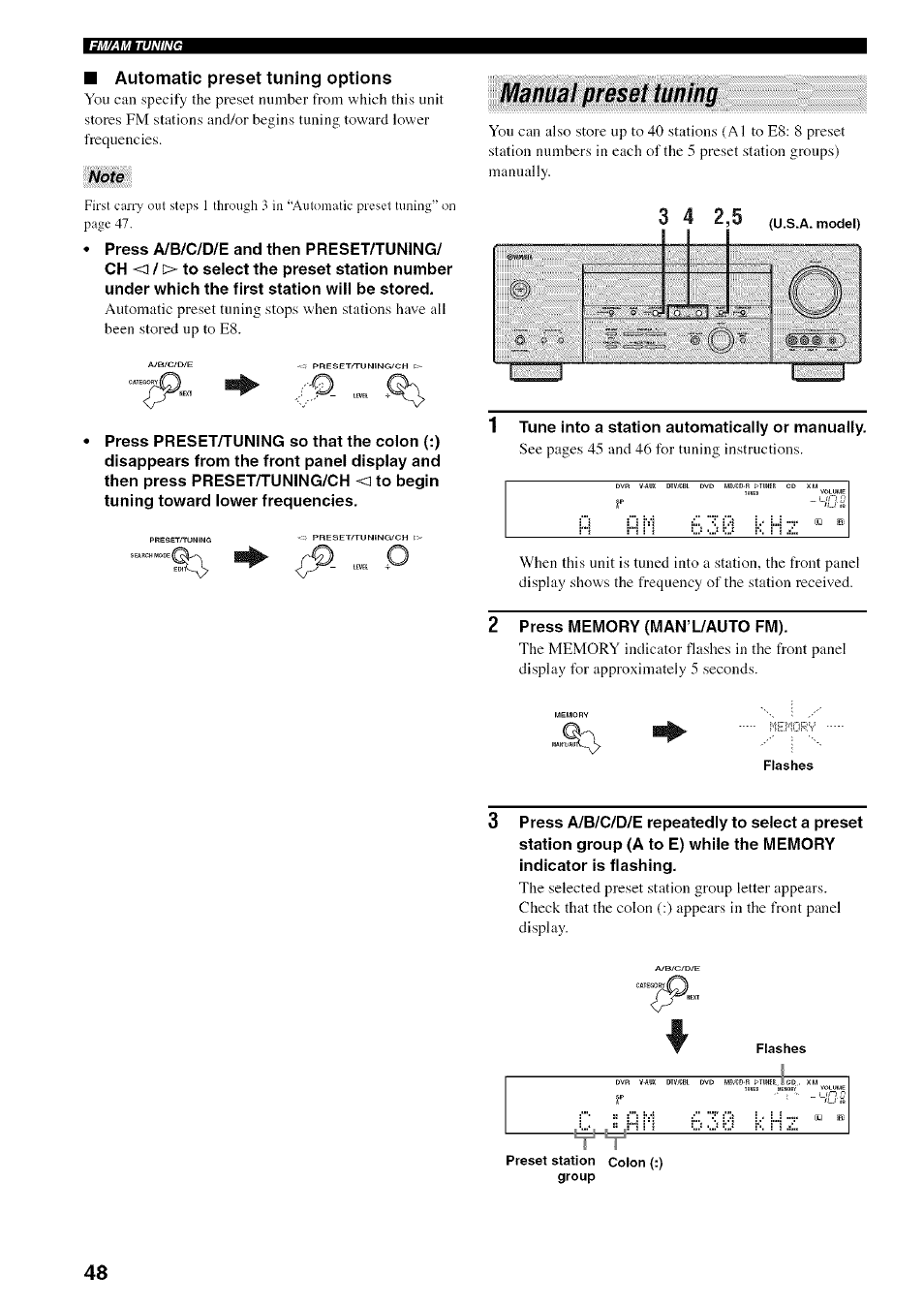 1 tune into a station automatically or manually, 2 press memory (man’l/auto fm), Manual preset tuning | Flashes, Preset station colon (:) group | Yamaha HTR-5950 User Manual | Page 52 / 116