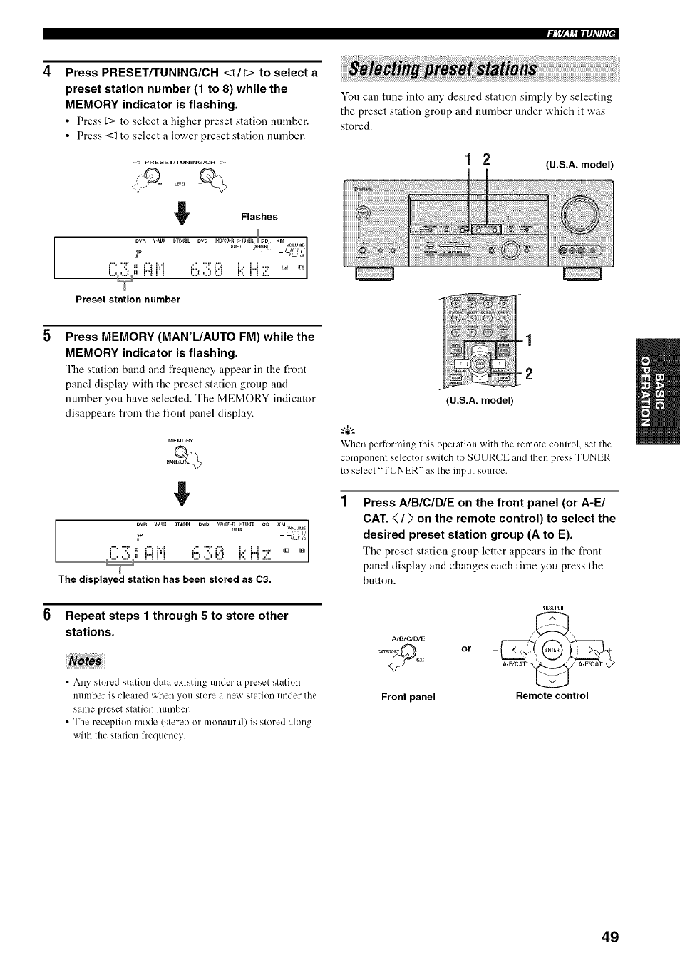 Repeat steps 1 through 5 to store other, Selecting preset stations, Flashes | Preset station number, U.s.a. model), The displayed station has been stored as c3, Front panel | Yamaha HTR-5950 User Manual | Page 53 / 116