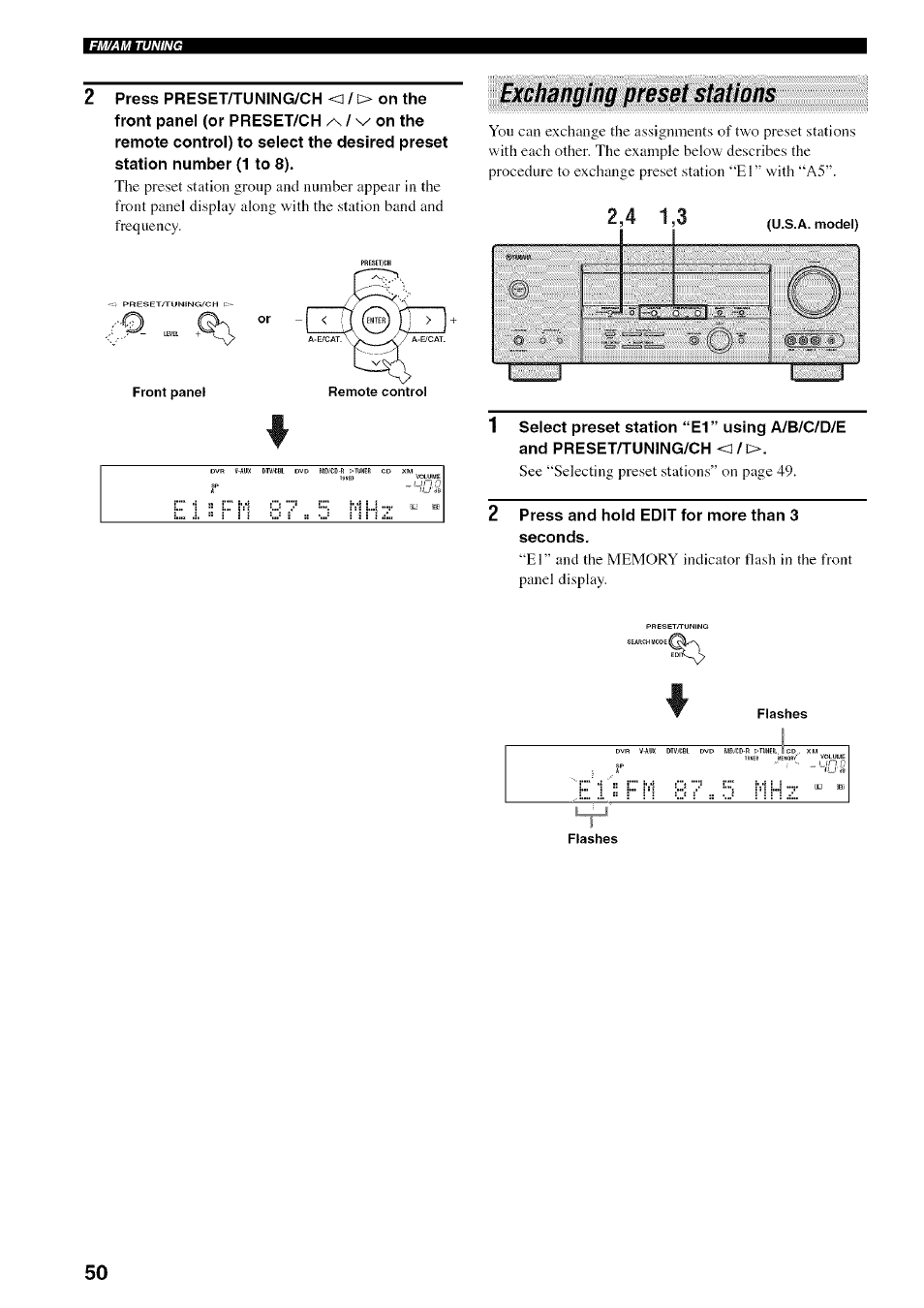 2 press and hold edit for more than 3 seconds, Exchanging preset stations | Yamaha HTR-5950 User Manual | Page 54 / 116