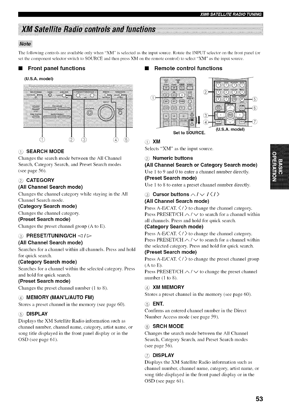 D search wiode, 2) category, Preset/tuning/ch | 4) memory (iwan’ijauto fm), 0 xm, I2) numeric buttons, 0 xm memory, 6) srch mode, Display, Xim satellite radio controls and functions | Yamaha HTR-5950 User Manual | Page 57 / 116