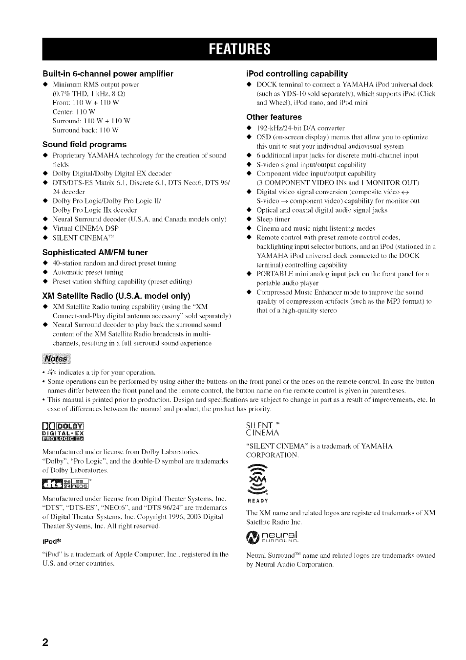 Features, Built-in 6-channel power amplifier, S t 5 | Yamaha HTR-5950 User Manual | Page 6 / 116