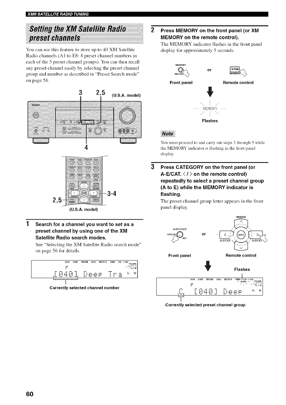 Setting the xm satellite radio preset channels, Or front panel, Rleflors-' flashes remote control | Currently selected channel number | Yamaha HTR-5950 User Manual | Page 64 / 116