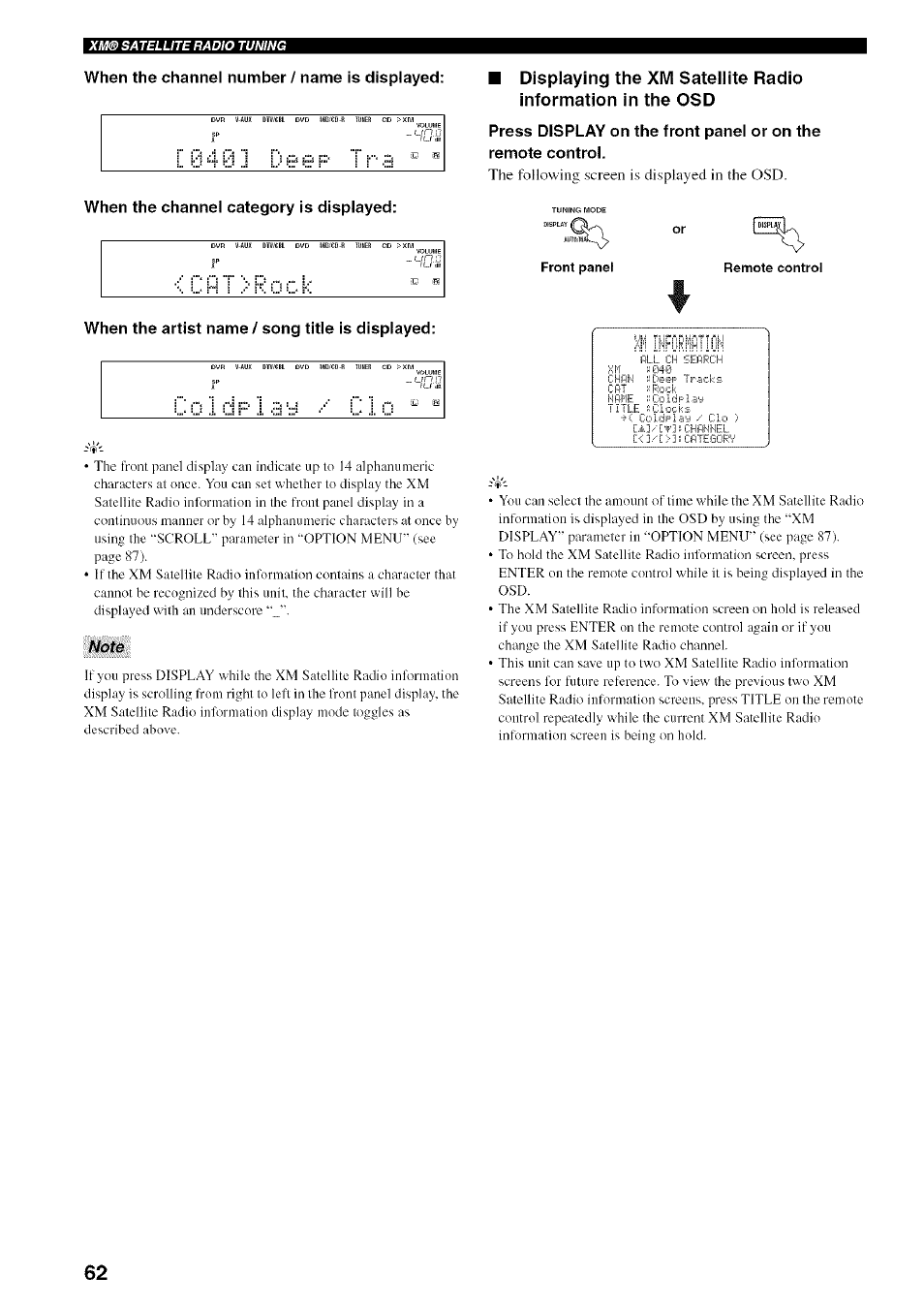 When the channel category is displayed, When the artist name / song title is displayed, Or front pane! remote control | Yamaha HTR-5950 User Manual | Page 66 / 116