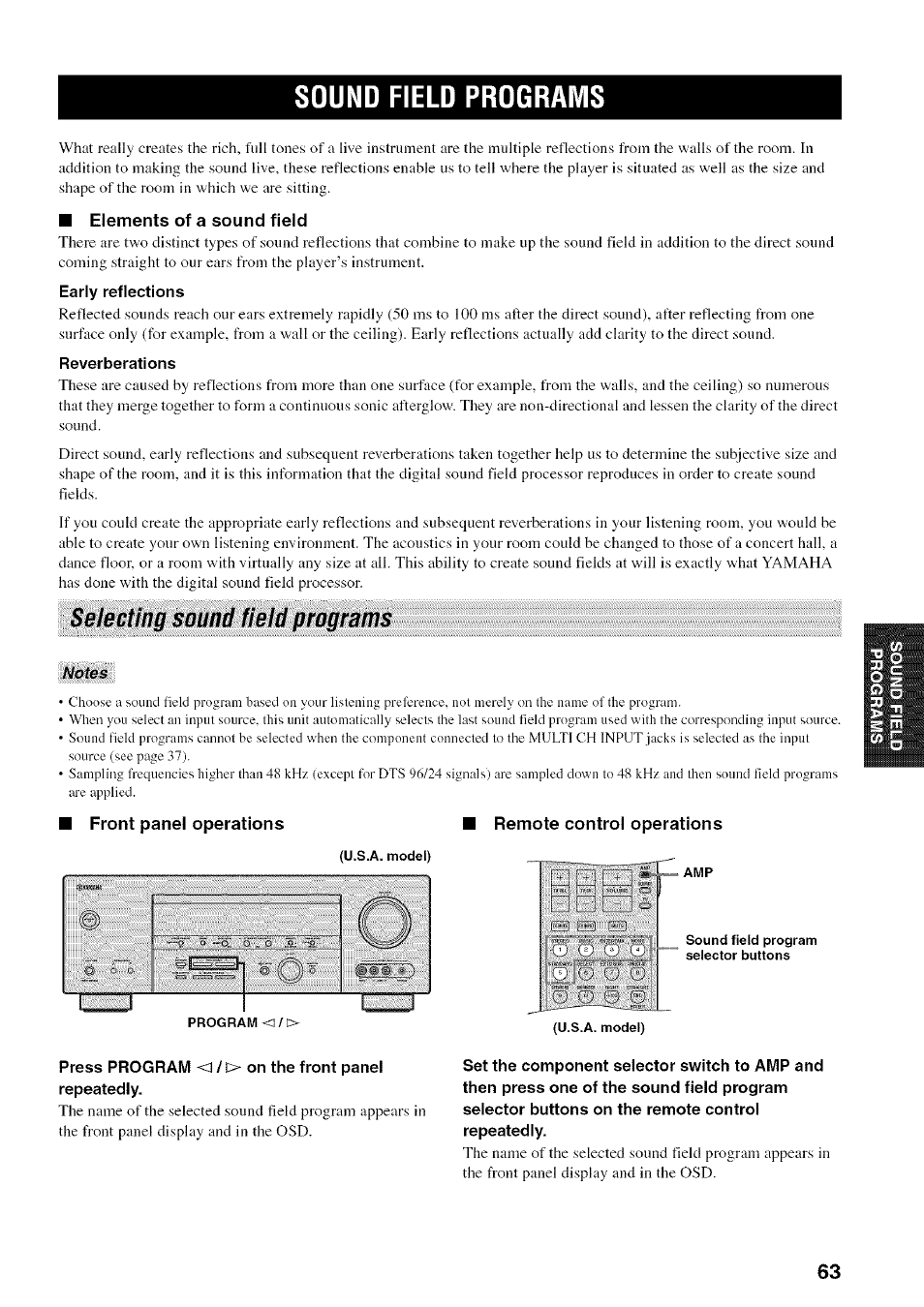 Sound field programs, Reverberations, Selecting sound field programs | Yamaha HTR-5950 User Manual | Page 67 / 116