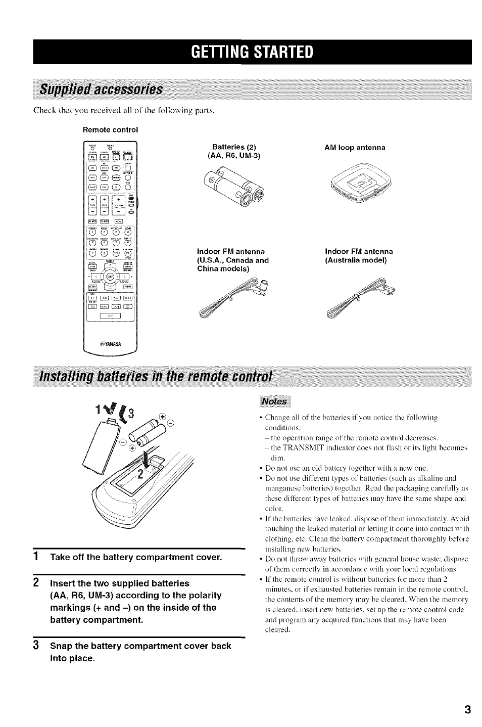 Getting started, 1 take off the battery compartment cover, 2 insert the two supplied batteries | Supplied accessories, Installing batteries in the remote control | Yamaha HTR-5950 User Manual | Page 7 / 116