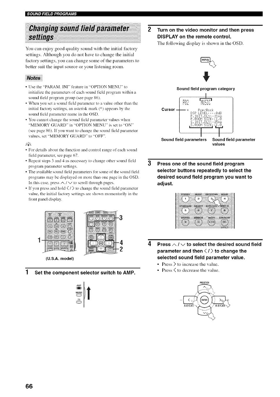 1 set the component selector switch to amp, Changing sound field parameter settings, P02 ■mysic | Fiji, U l i . : : 1 1, U.s.a. model), Sound field program category cursor, Sound field parameterssound field parameter values | Yamaha HTR-5950 User Manual | Page 70 / 116