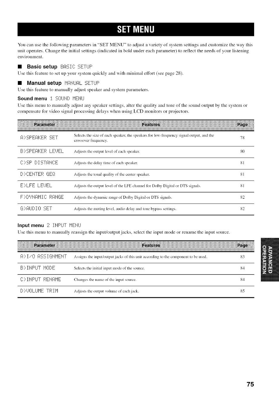 Set menu, Basic setup bi-leilc ibiet'uf, Manual setup flmr-iuml.... iditui | 1 sijuni) rllerii, Sound menu, Input menu | Yamaha HTR-5950 User Manual | Page 79 / 116