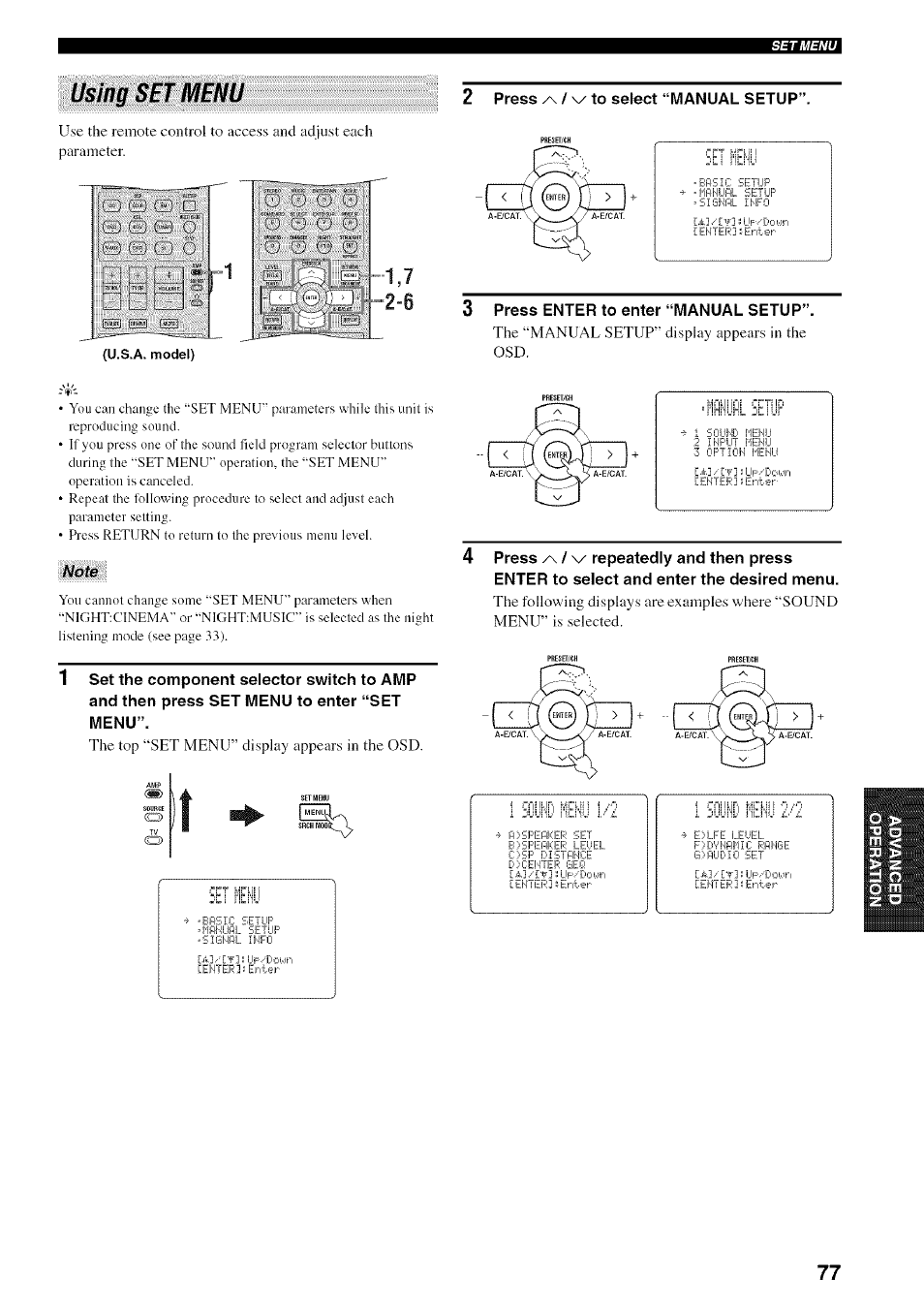 2 press /\ / v- to select “manual setup, 3 press enter to enter “manual setup, 4 press / v- repeatedly and then press | Enter to select and enter the desired menu, Using set menu | Yamaha HTR-5950 User Manual | Page 81 / 116