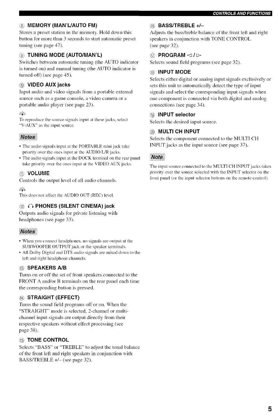 8) memory (man’uauto fm), Tuning mode (auto/man’l), Iio) video aux jacks | 11) volume, G; bass/treble, Program o, Ig input mode, Input selector, Multi ch input, I@ n phones (silent cinema) jack | Yamaha HTR-5950 User Manual | Page 9 / 116