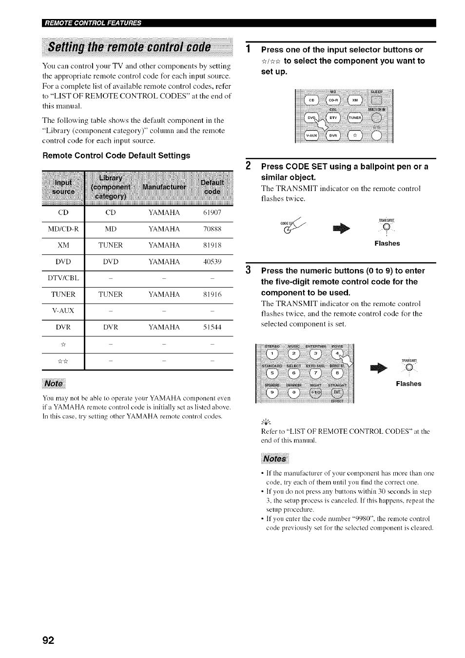 Setting the remote control code, Flashes | Yamaha HTR-5950 User Manual | Page 96 / 116