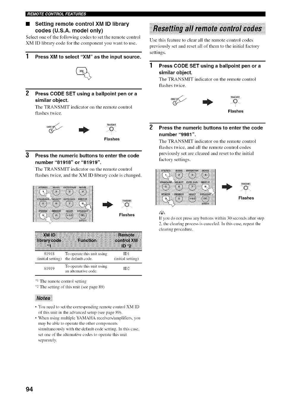 1 press xm to select “xm” as the input source, Resetting all remote control codes, Flashes | Flashes xm id library code, Function remote control xm id '2 | Yamaha HTR-5950 User Manual | Page 98 / 116