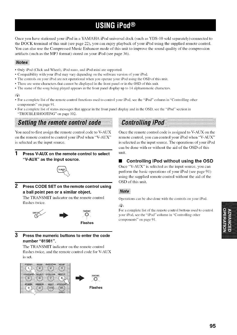 Using ipod, Setting the remote control code, Controlling ipod | Flashes, Controlling ipod without using the osd | Yamaha HTR-5950 User Manual | Page 99 / 116