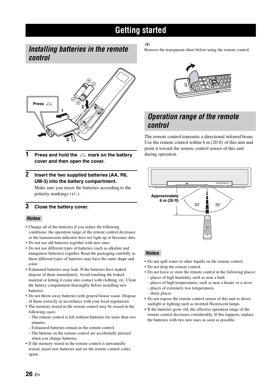 Setup, Getting started, Installing batteries in the remote control | Operation range of the remote control | Yamaha YSP-500 User Manual | Page 28 / 98