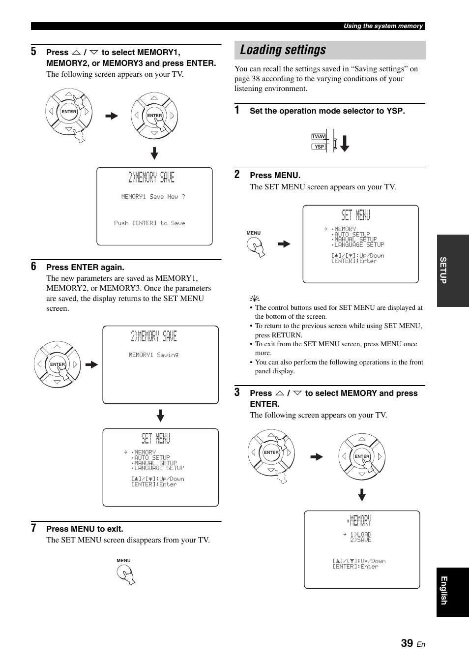 Loading settings, Ep 3, Set menu | Yamaha YSP-500 User Manual | Page 41 / 98