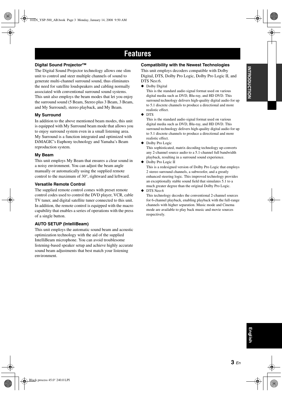 Features | Yamaha YSP-500 User Manual | Page 5 / 98