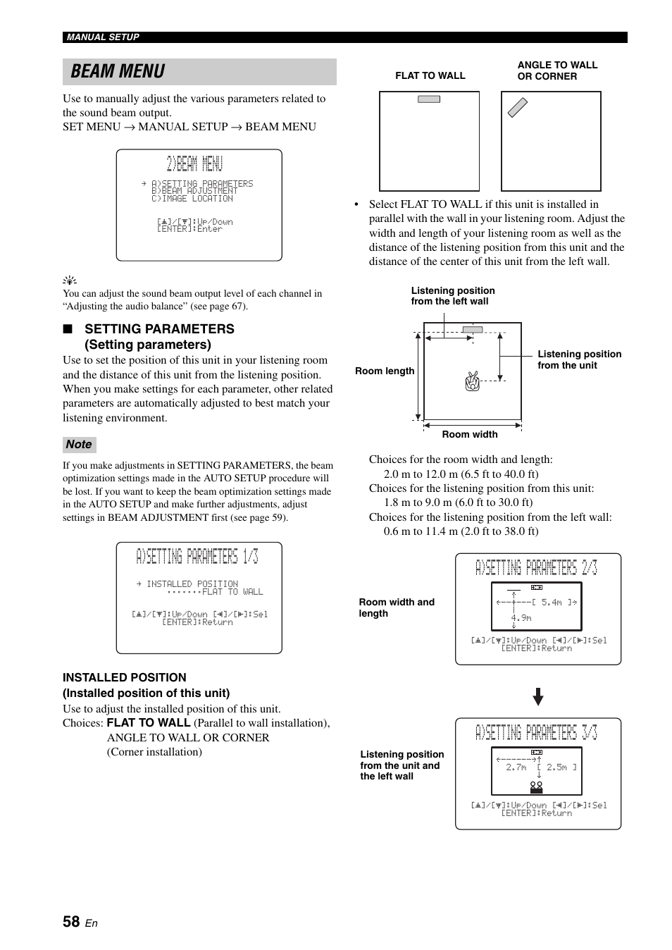 Beam menu, 2)beam menu, A)setting parameters 1/3 | A)setting parameters 2/3, A)setting parameters 3/3 | Yamaha YSP-500 User Manual | Page 60 / 98