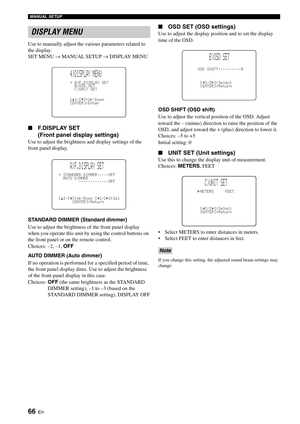 Display menu, 4)display menu, A)f.display set | B)osd set, C)unit set | Yamaha YSP-500 User Manual | Page 68 / 98