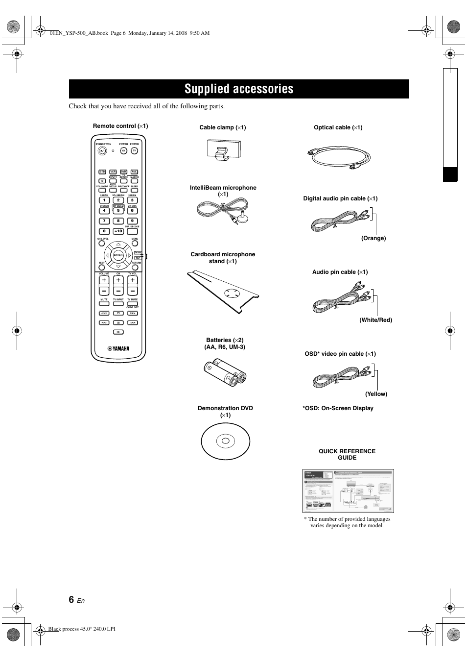 Supplied accessories | Yamaha YSP-500 User Manual | Page 8 / 98