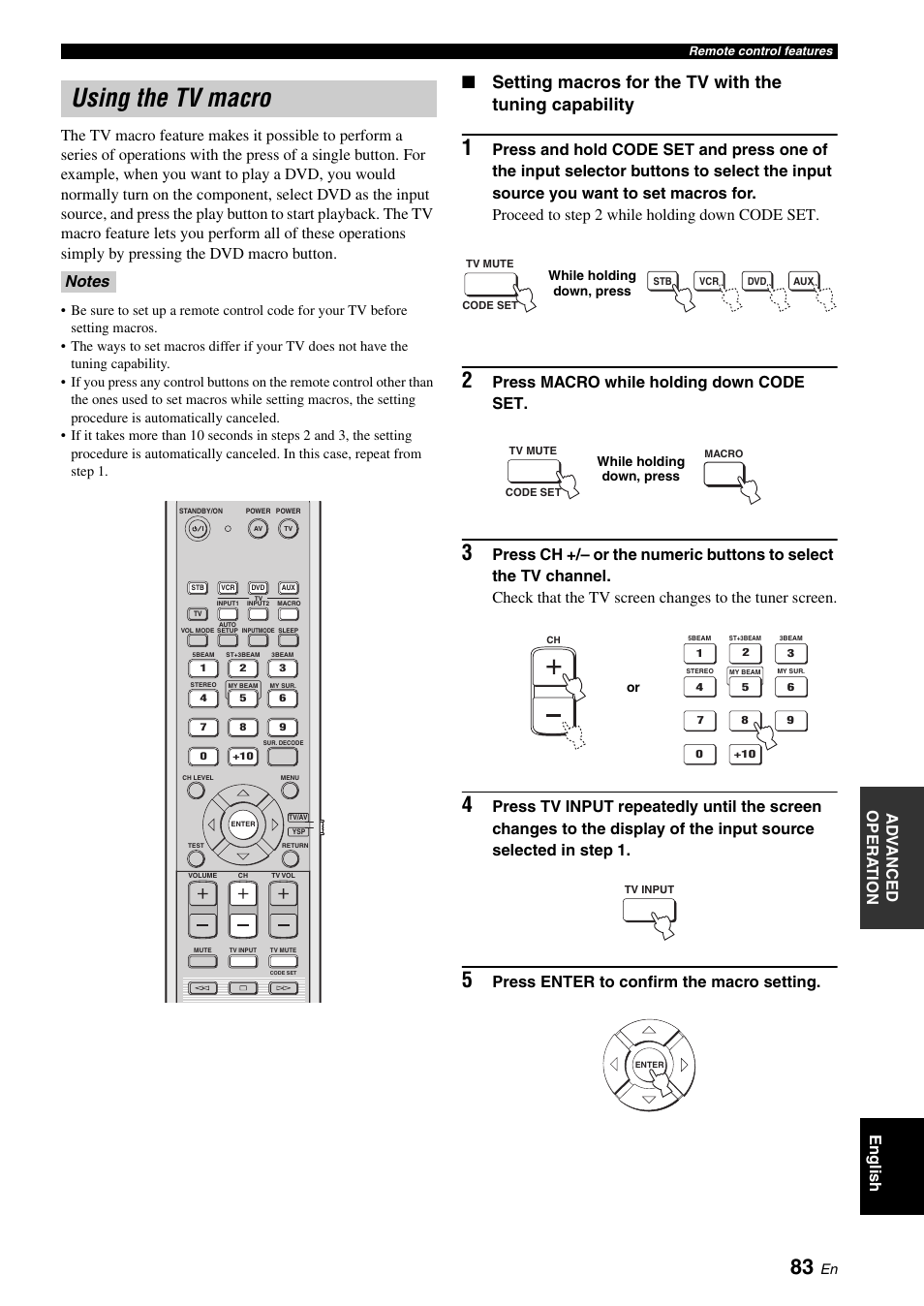 Using the tv macro, Press macro while holding down code set, Press enter to confirm the macro setting | Yamaha YSP-500 User Manual | Page 85 / 98