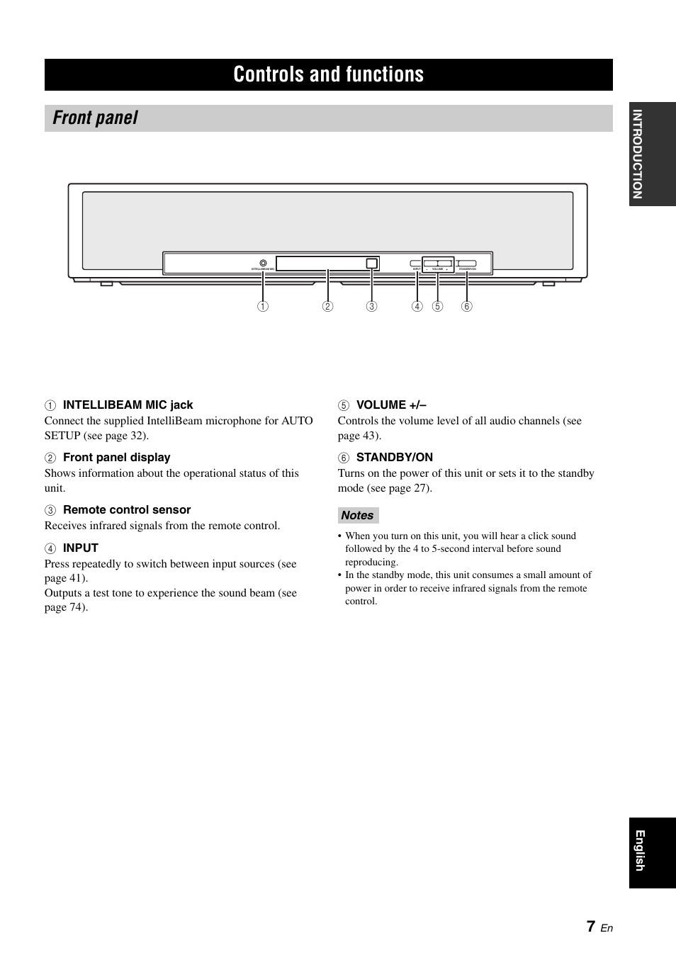 Controls and functions, Front panel | Yamaha YSP-500 User Manual | Page 9 / 98