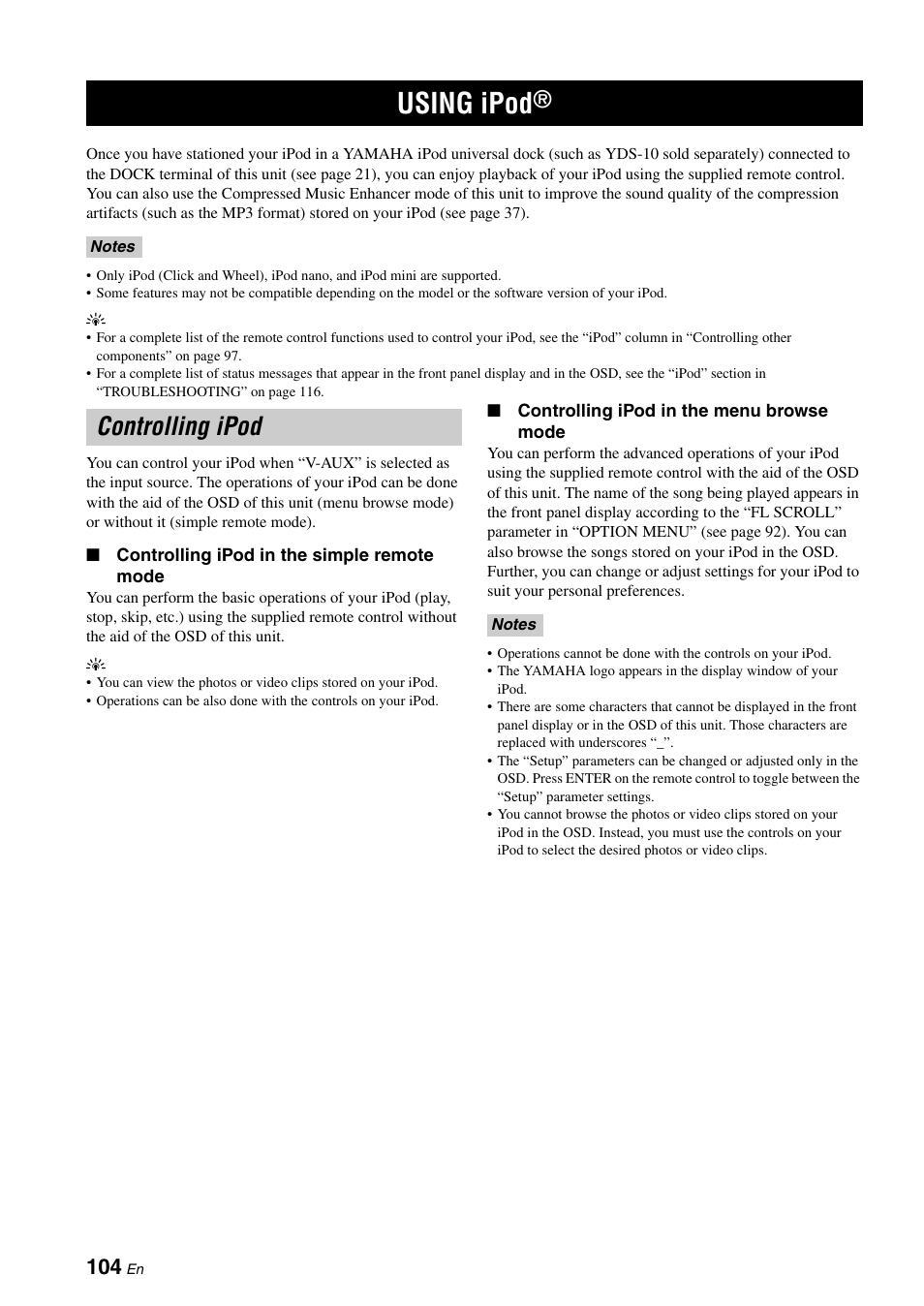 Using ipod, Controlling ipod | Yamaha RX-N600D User Manual | Page 106 / 142