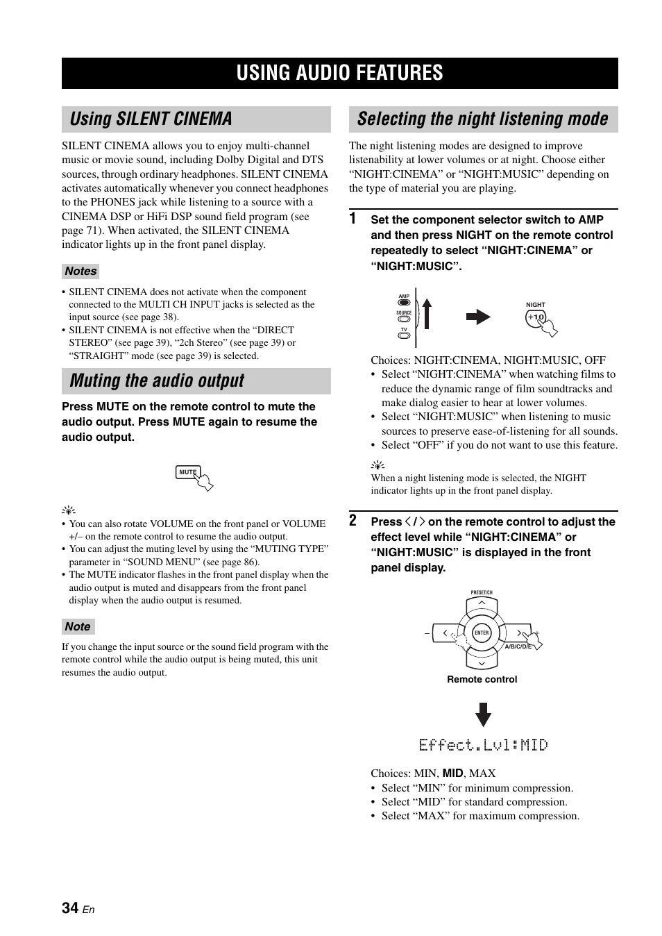 Using audio features, Using silent cinema, Muting the audio output | Selecting the night listening mode, Effect.lvl:mid | Yamaha RX-N600D User Manual | Page 36 / 142