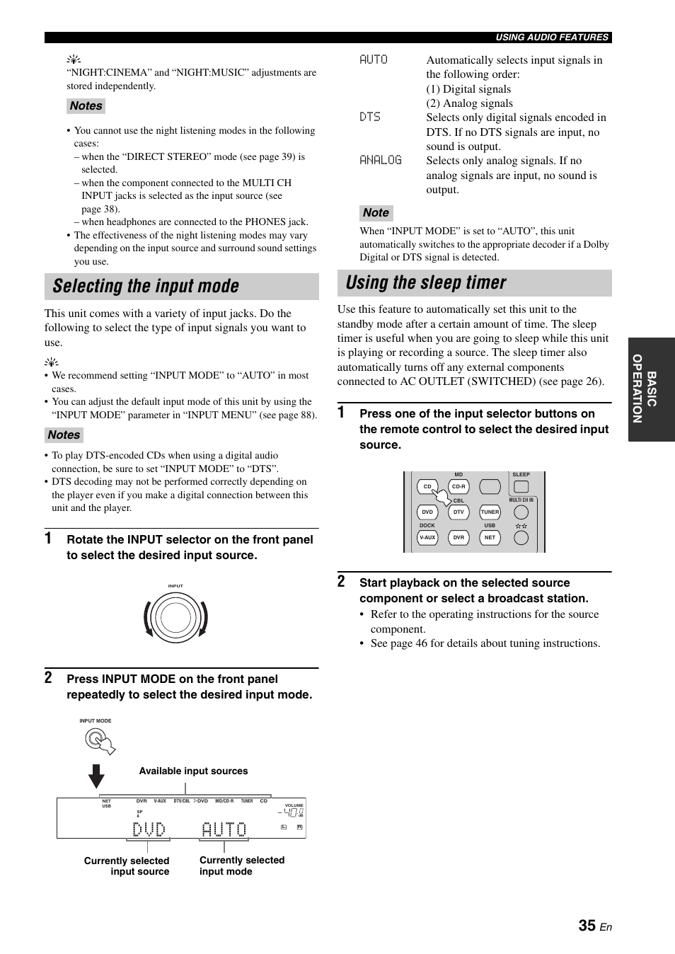 Selecting the input mode, Using the sleep timer | Yamaha RX-N600D User Manual | Page 37 / 142