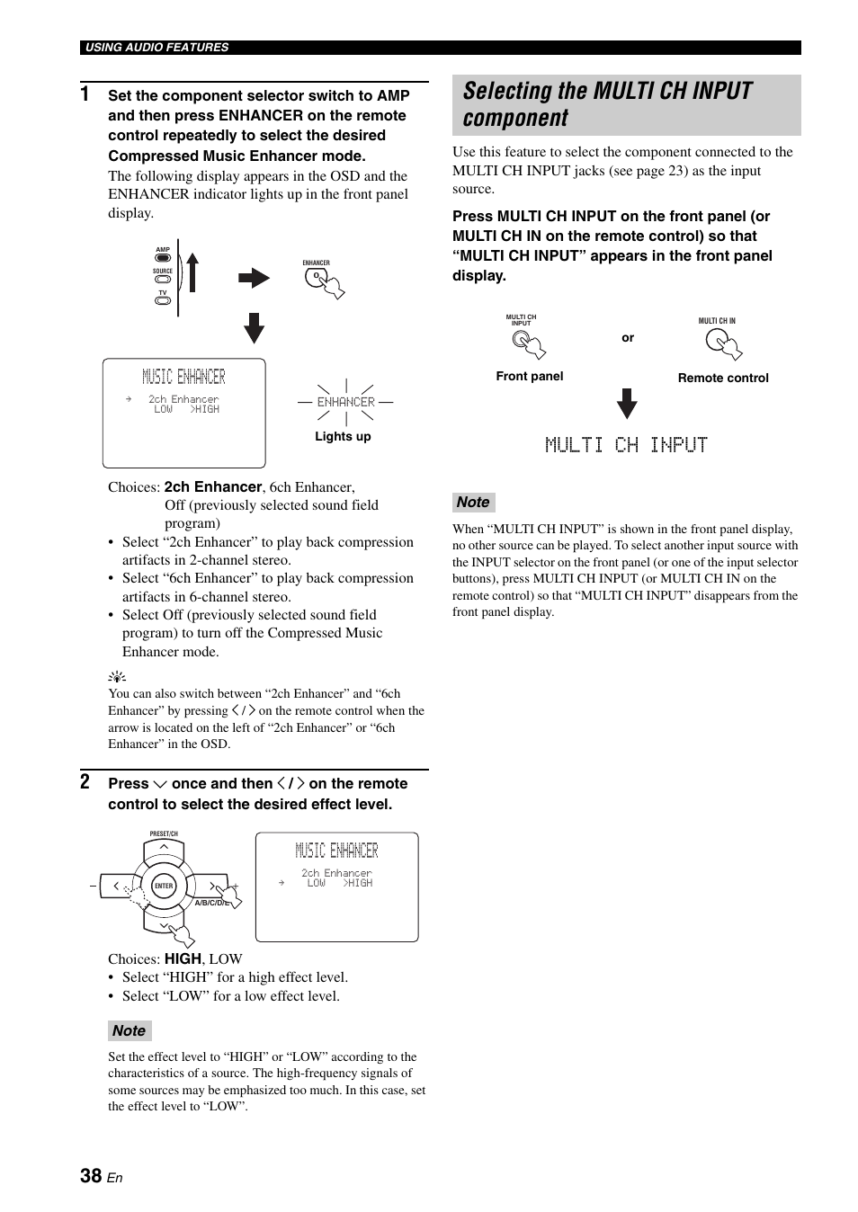 Selecting the multi ch input component, Music enhancer, Multi ch input | Yamaha RX-N600D User Manual | Page 40 / 142