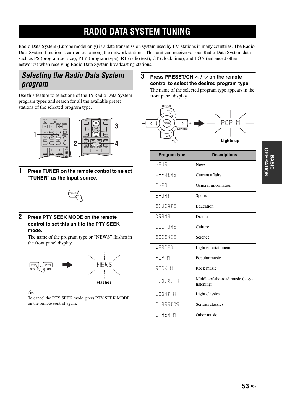 Radio data system tuning, Selecting the radio data system program, News | Affairs, Info, Sport, Educate, Drama, Culture, Science | Yamaha RX-N600D User Manual | Page 55 / 142