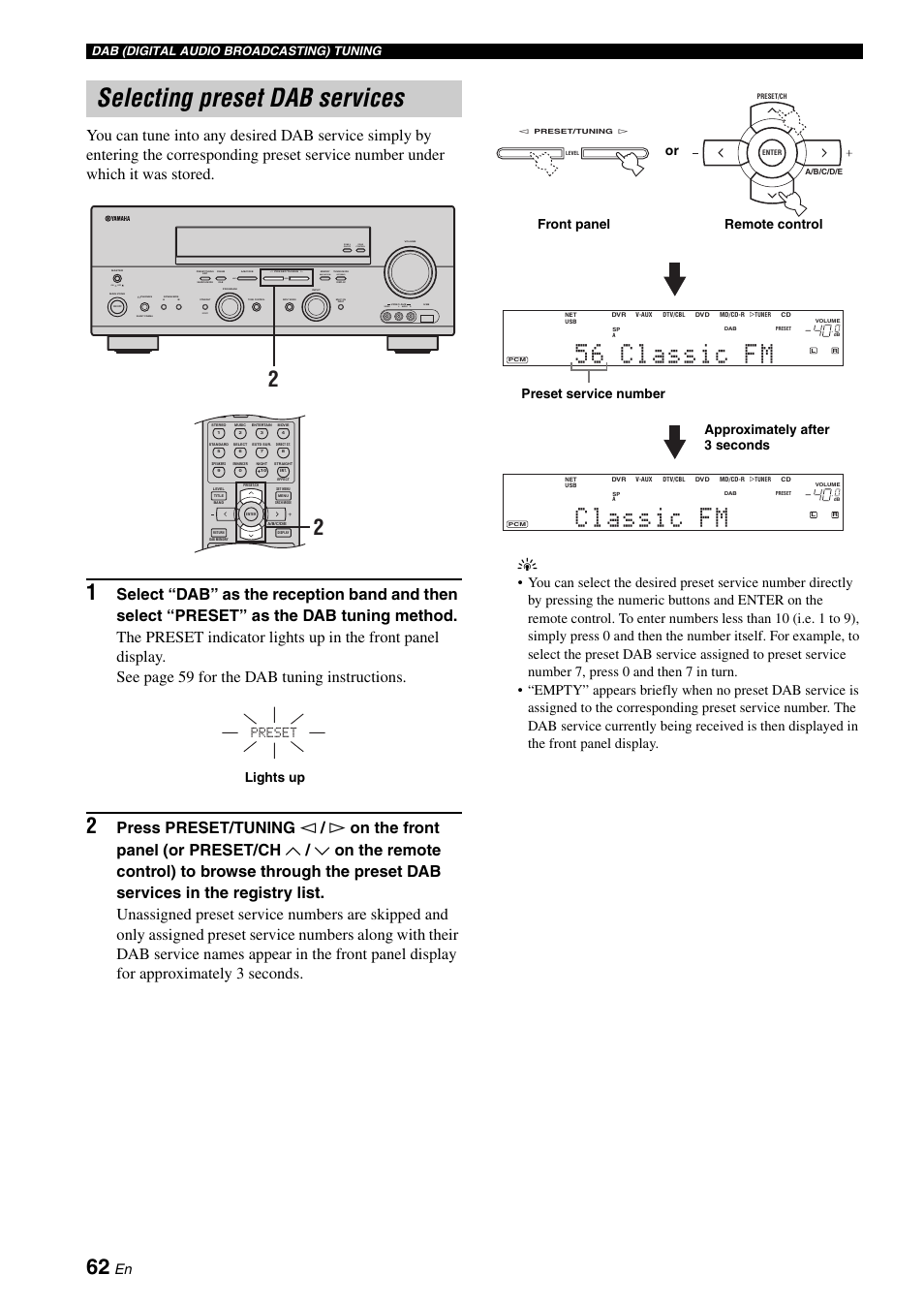 Selecting preset dab services, Zone 2 on/off zone control effect, On off | Video l audio r, Next, Man'l/auto fm, Auto/man'l level, Preset lights up, Preset service number, Or front panel remote control | Yamaha RX-N600D User Manual | Page 64 / 142