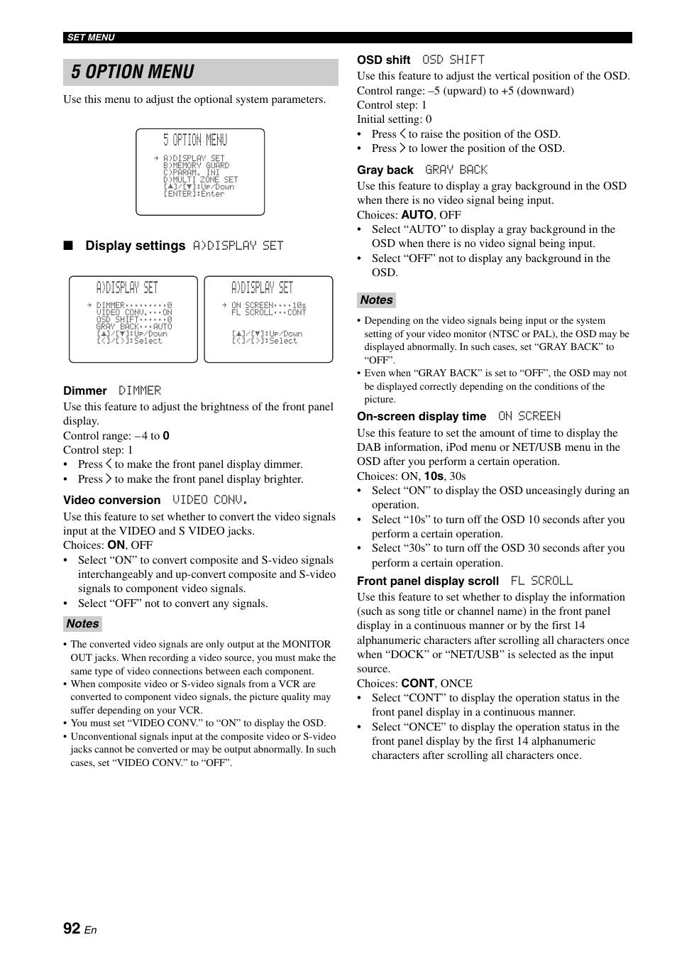 5 option menu, A)display set, Display settings | Yamaha RX-N600D User Manual | Page 94 / 142