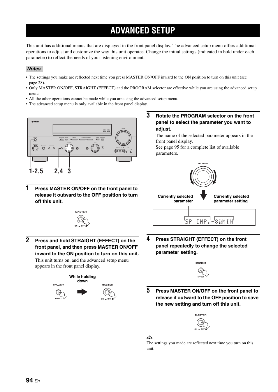 Advanced setup, Zone 2 on/off zone control effect, On off | Video l audio r, Next, Man'l/auto fm, Auto/man'l level | Yamaha RX-N600D User Manual | Page 96 / 142