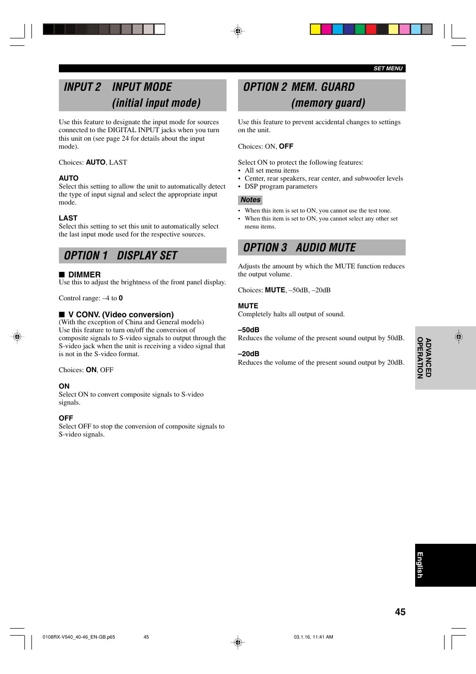 Input 2 input mode (initial input mode), Option 1 display set, Option 2 mem. guard (memory guard) | Option 3 audio mute | Yamaha RX-V540RDS User Manual | Page 47 / 67