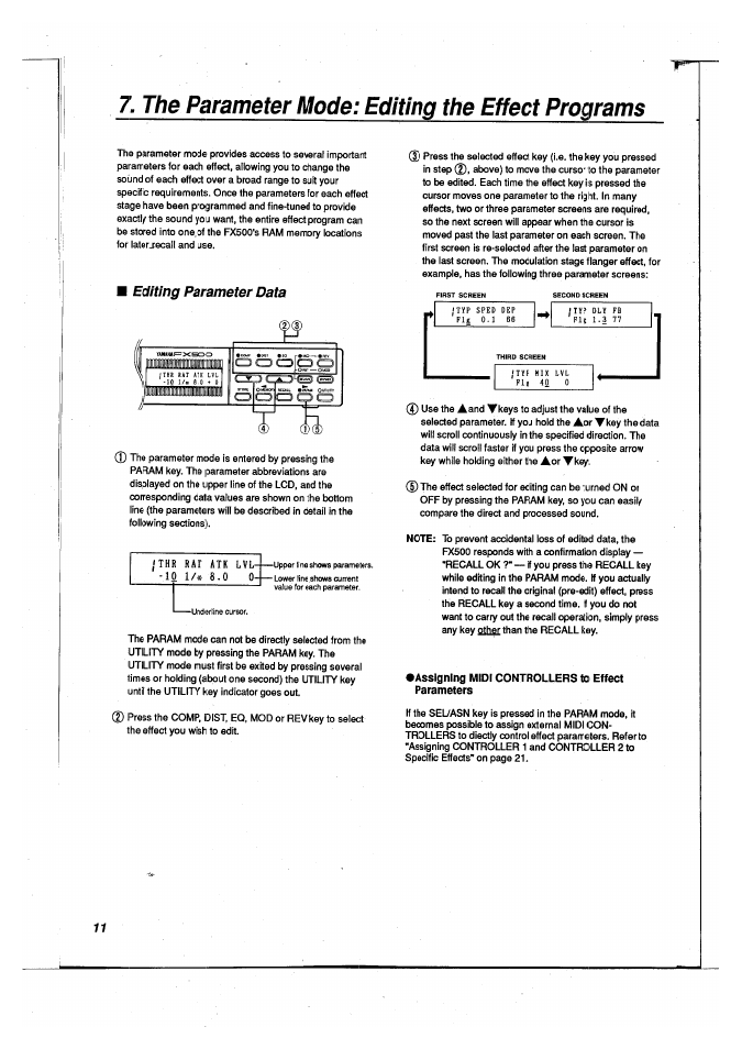 The parameter mode: editing the effect programs, Editing parameter data, Assigning midi controllers to effect parameters | Yamaha FX500 User Manual | Page 12 / 97