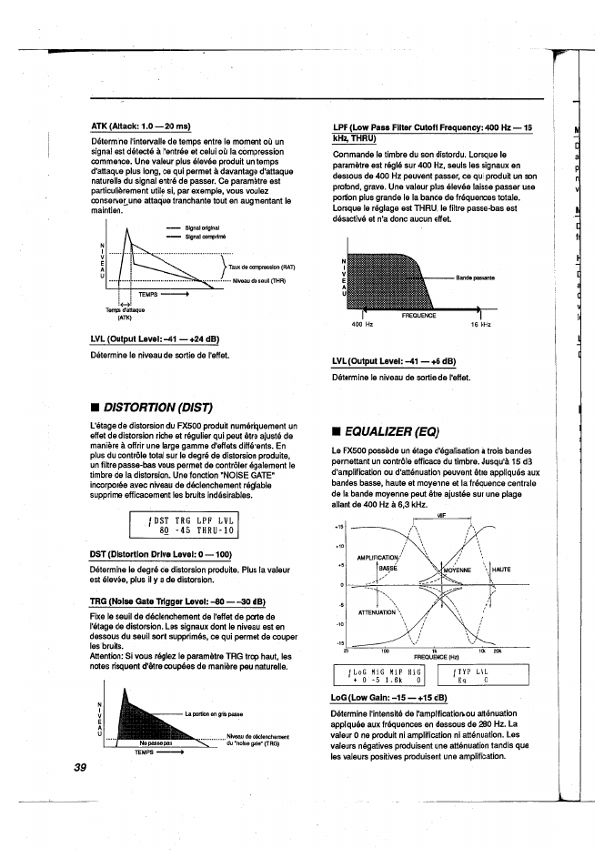 Distortion (dist), Equalizer (eq) | Yamaha FX500 User Manual | Page 39 / 97