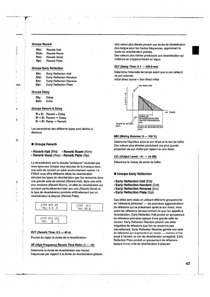 Groupe reverb, Groupe early reflection, Early reflection hall (ehl) | Early reflection random (erd), Early reflection plate | Yamaha FX500 User Manual | Page 42 / 97